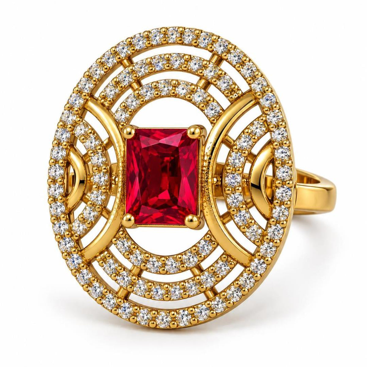 Red Stone Rectangular Stone Oval Halo Ring - Gold Plated, product view