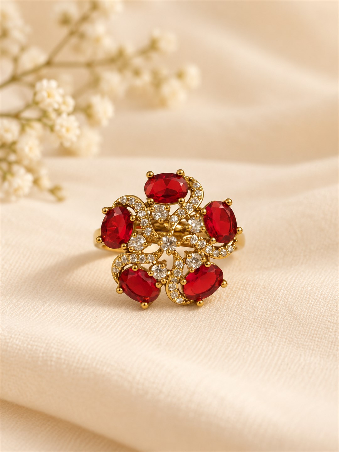 Red Stone Five Petal Swirl Ring - Gold Plated, additional view 3