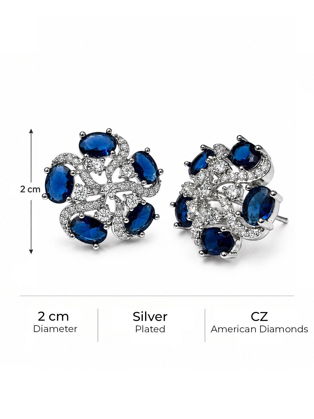 Blue Oval Stone Openwork Floral Stud Earrings in silver plating