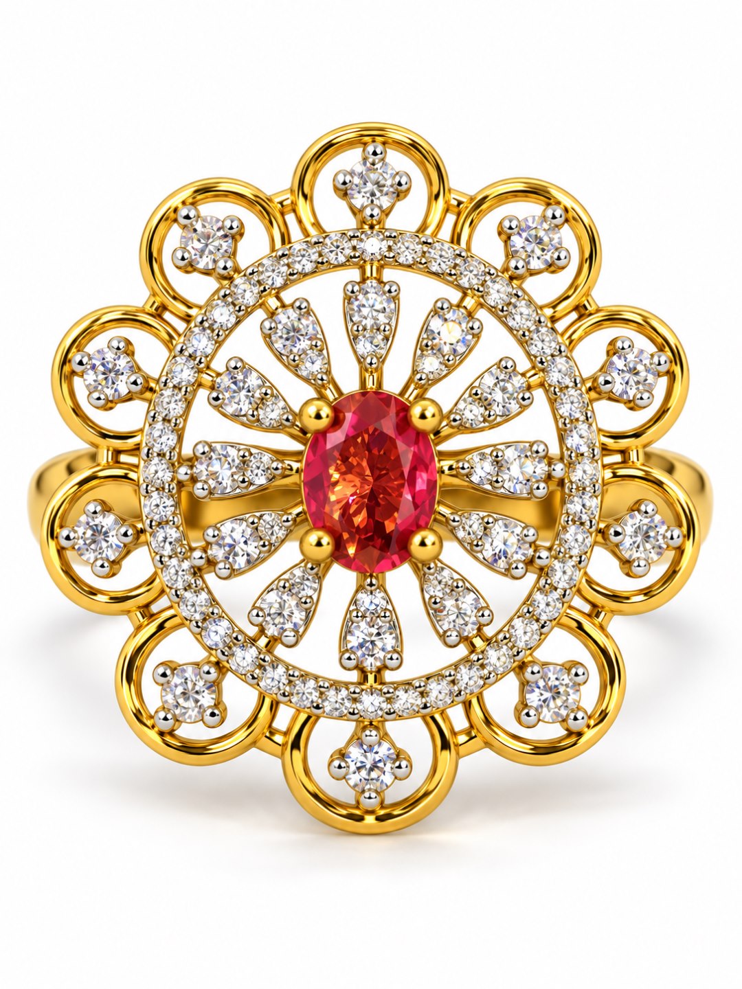 Red Center Stone Scalloped Floral Halo Ring - Gold Plated