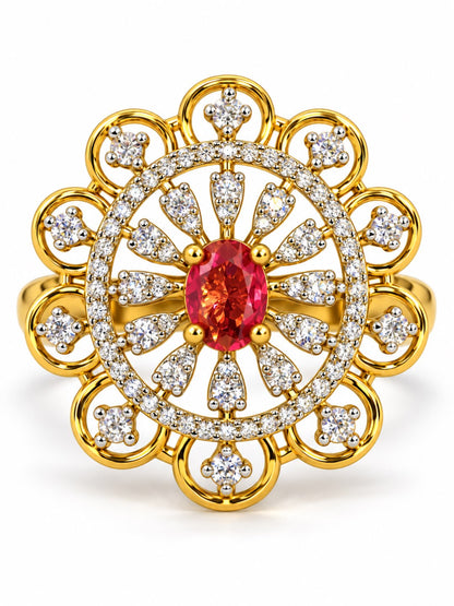 Red Center Stone Scalloped Floral Halo Ring - Gold Plated