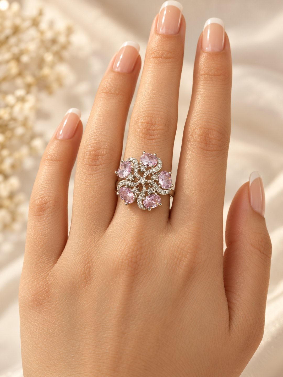Pink Oval Stone Floral Ring - Silver Plated worn on hand - close-up