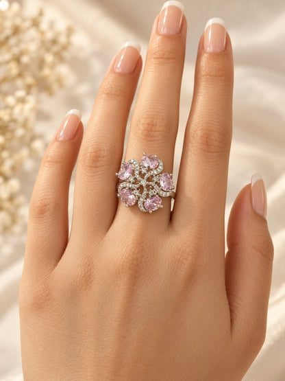 Pink Oval Stone Floral Ring - Silver Plated worn on hand - close-up