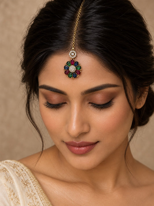 Multicolour Teardrop Floral Maang Tikka - Gold Plated, model close-up