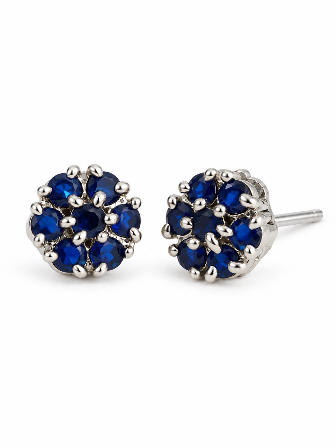 Blue Stone Floral Cluster Stud Earrings, silver plated, alternate product view