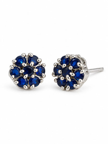 Blue Stone Floral Cluster Stud Earrings, silver plated, alternate product view