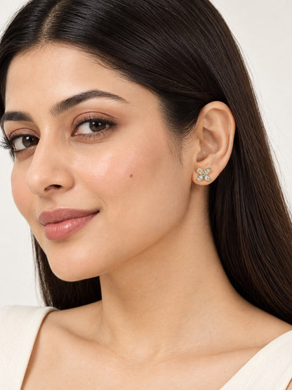 Clear Marquise Stone Four Petal Stud Earrings - Gold Plated, model close-up