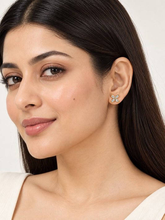 Clear Marquise Stone Four Petal Stud Earrings - Gold Plated, model close-up