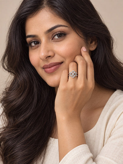 Clear Infinity Leaf Ring - Silver Plated
