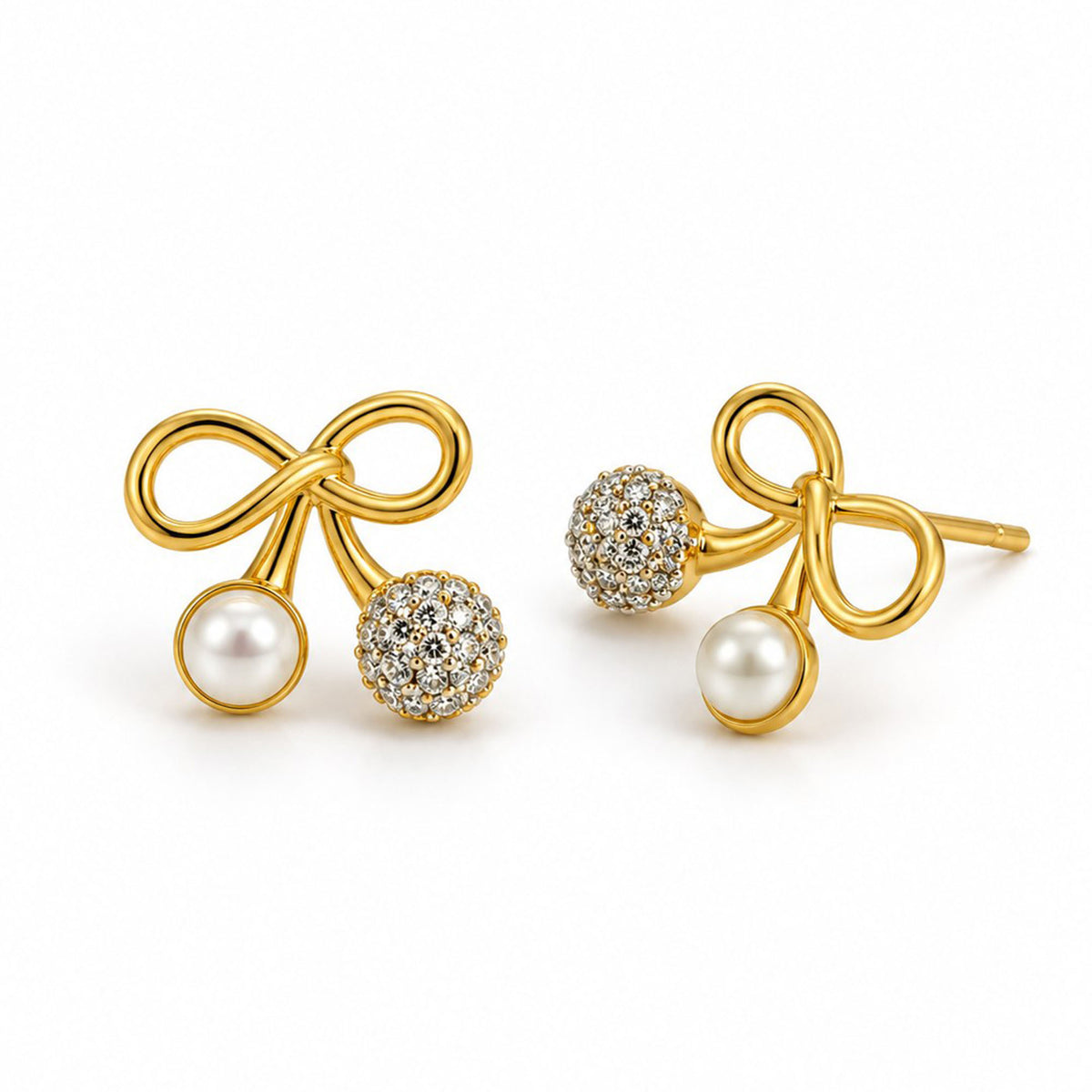 White Bead and Clear Stone Cherry Stud Earrings - Gold Plated, product view