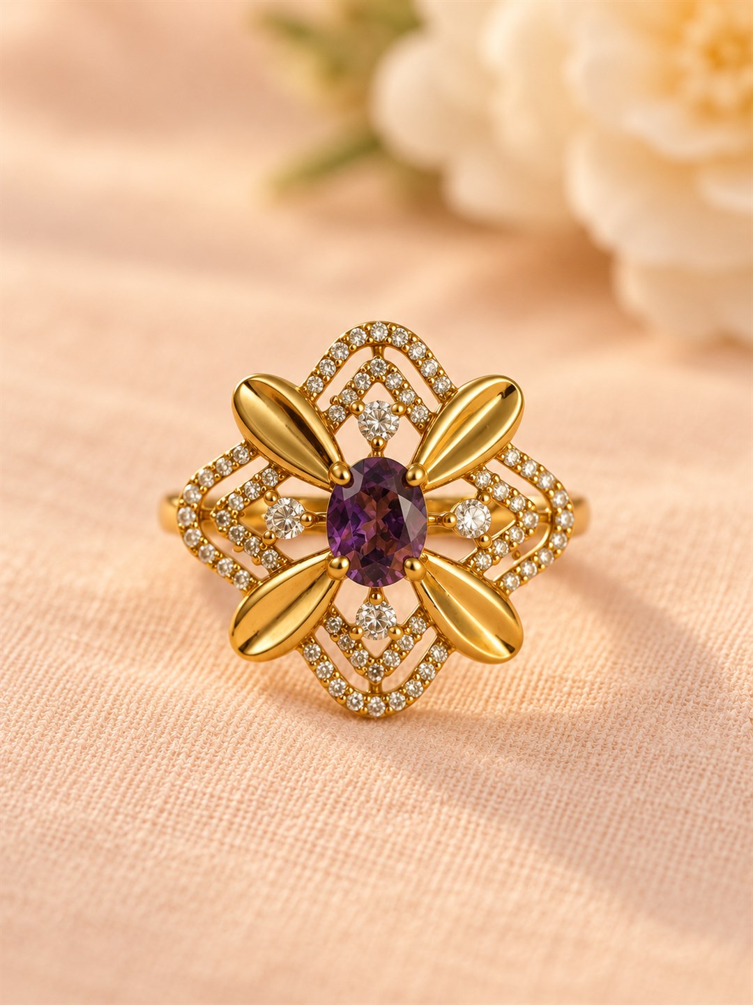 Purple Stone Four Petal Floral Ring - Gold Plated, additional view 3