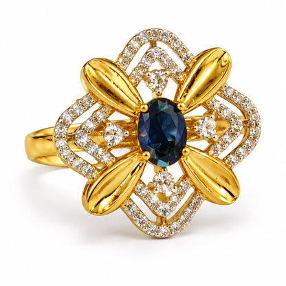 Blue Center Stone Four-Petal Floral Ring - Gold Plated