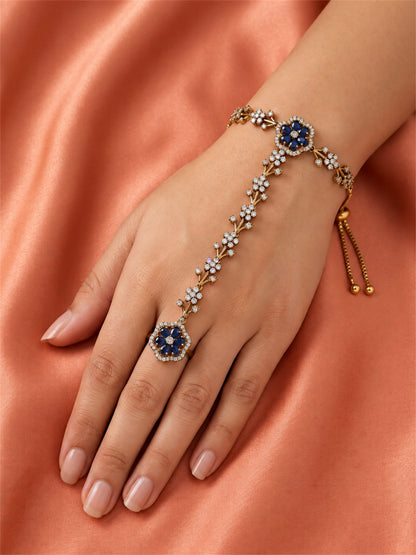 Blue Floral Marquise-Stone Chain Hathphool - Mehndi Plated worn on hand
