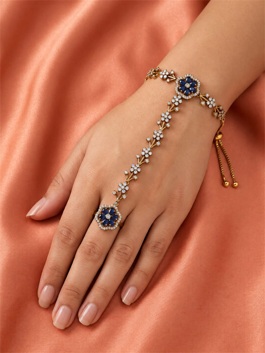 Blue Floral Marquise-Stone Chain Hathphool - Mehndi Plated worn on hand