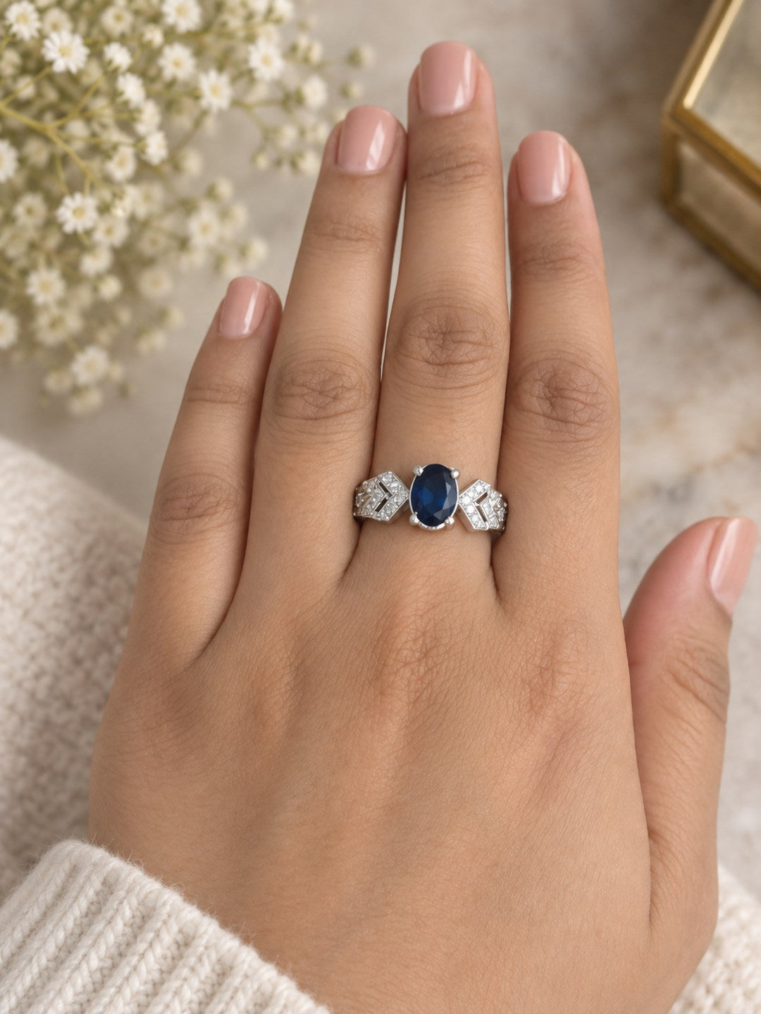Blue Oval Center Stone Geometric Shoulder Ring - Silver Plated worn on hand