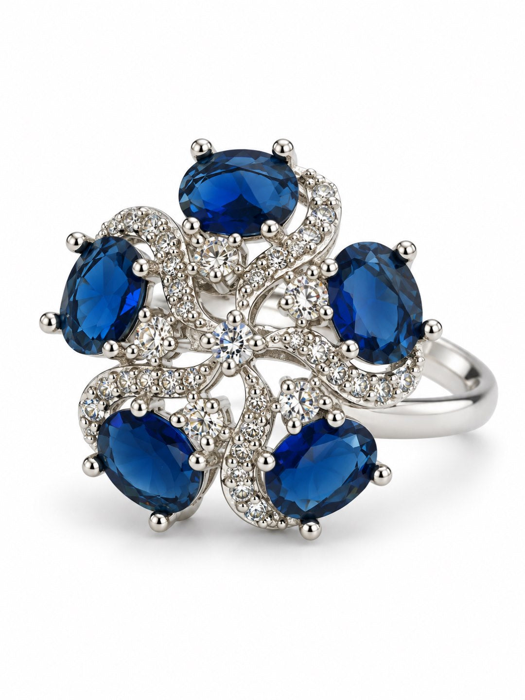 Blue Oval Stone Floral Ring - Silver Plated - alternate view