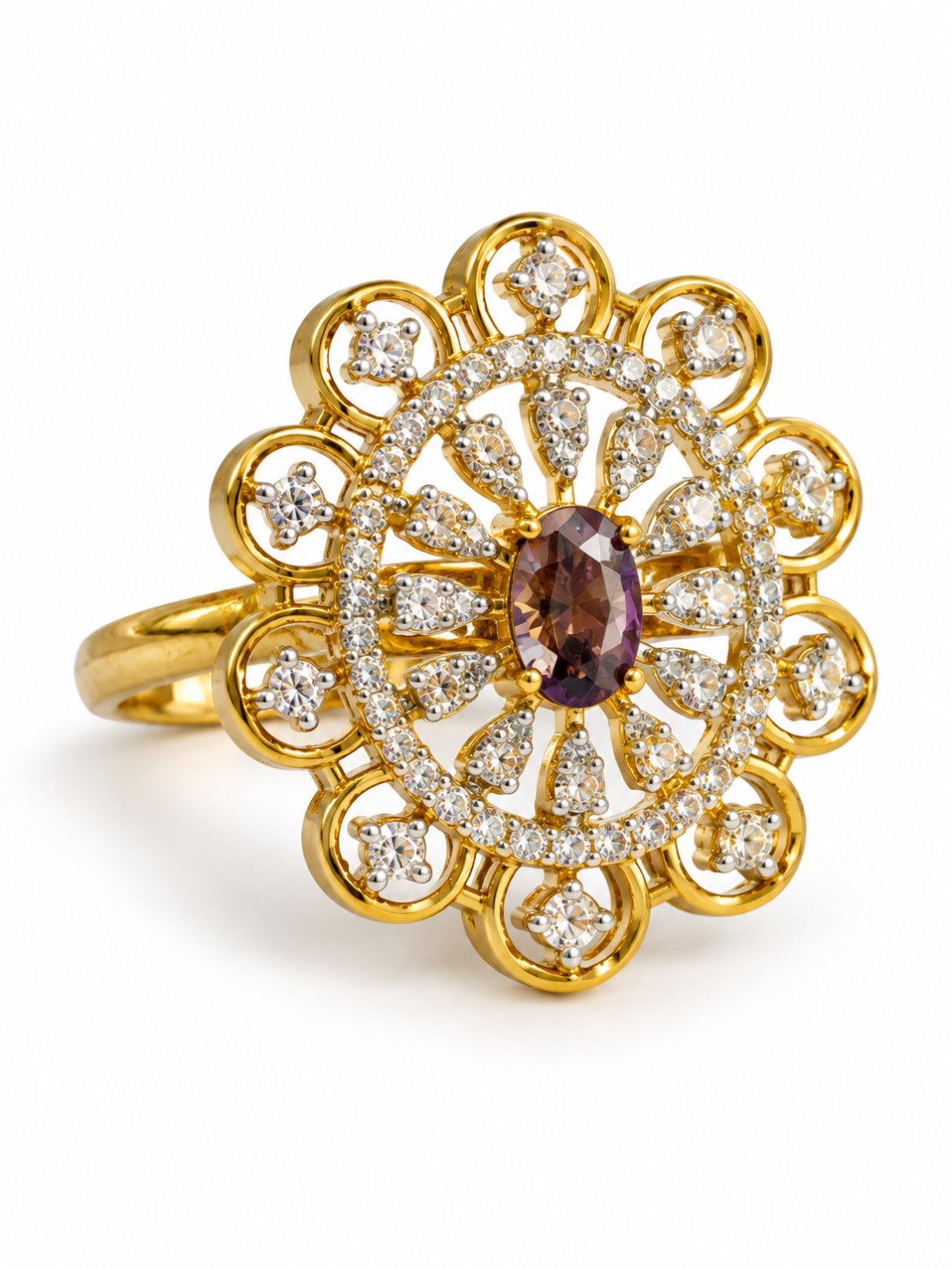 Purple Center Stone Scalloped Floral Halo Ring - Gold Plated