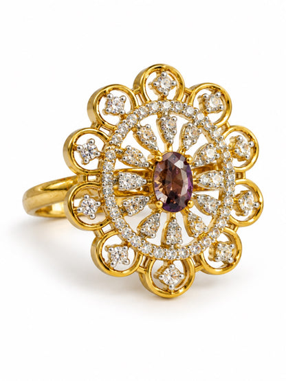 Purple Center Stone Scalloped Floral Halo Ring - Gold Plated