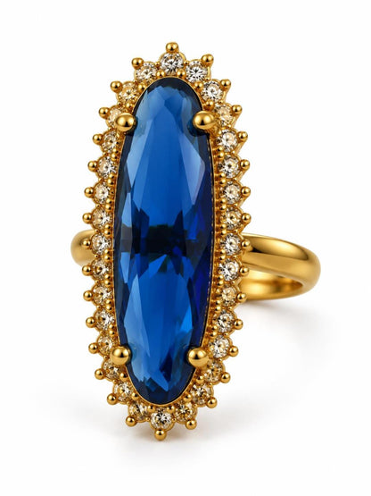 Blue Stone Elongated Stone Halo Ring - Gold Plated, additional view 1