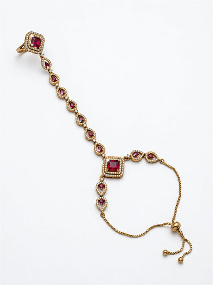 Red Square Halo and Teardrop Hathphool - Mehndi Plated