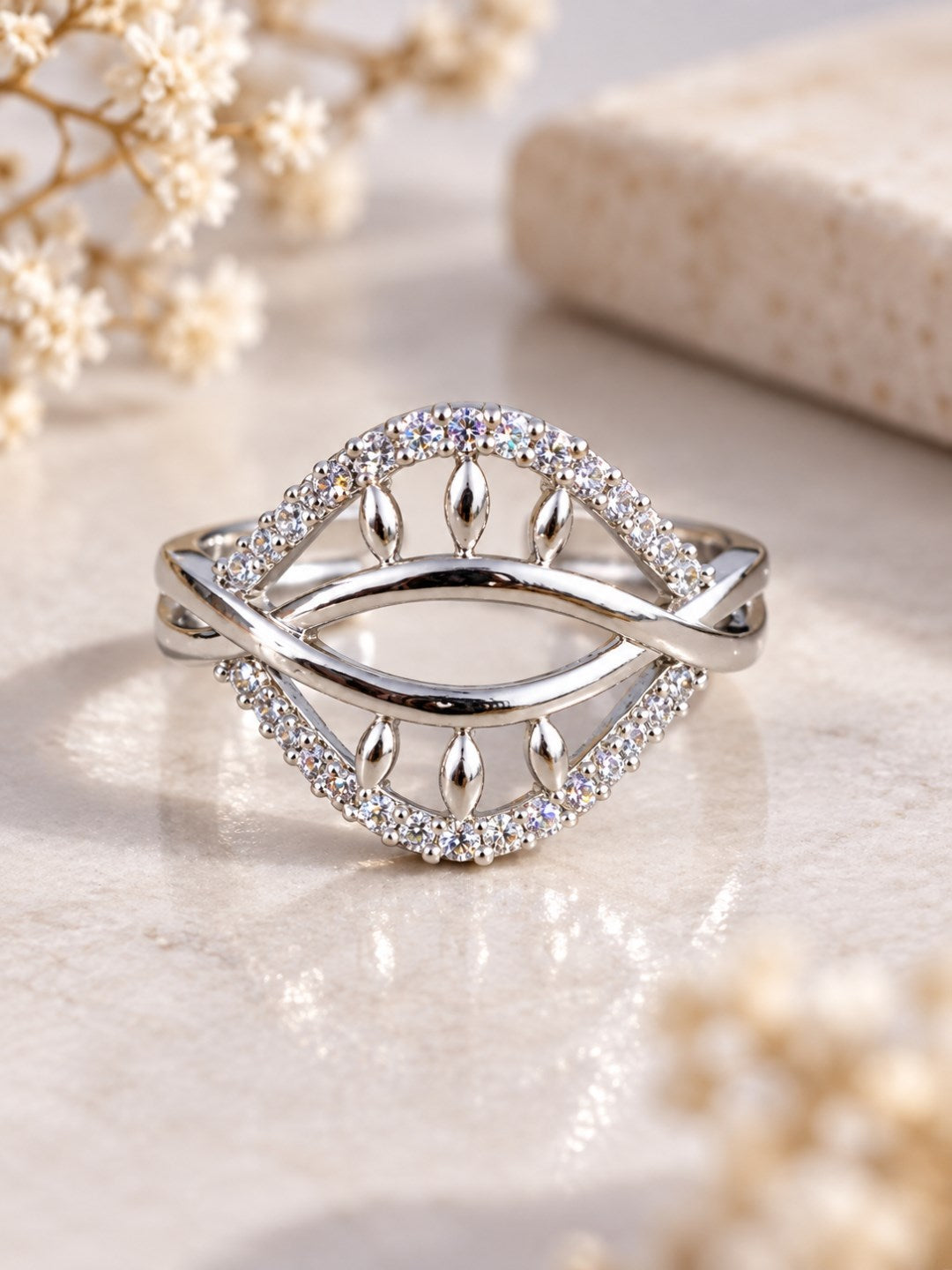 Clear Double Leaf Openwork Ring - Silver Plated