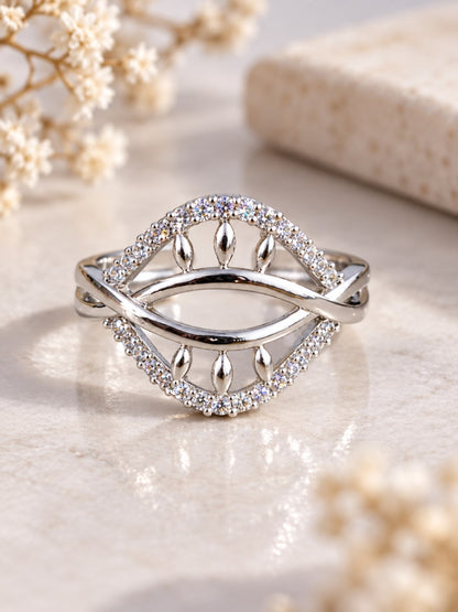 Clear Double Leaf Openwork Ring - Silver Plated