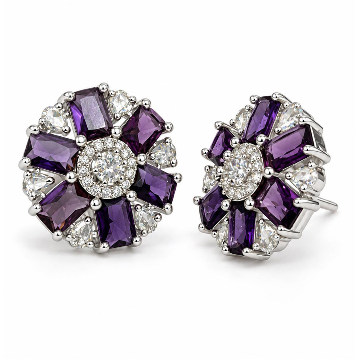 Purple round flower silver-plated stud earrings