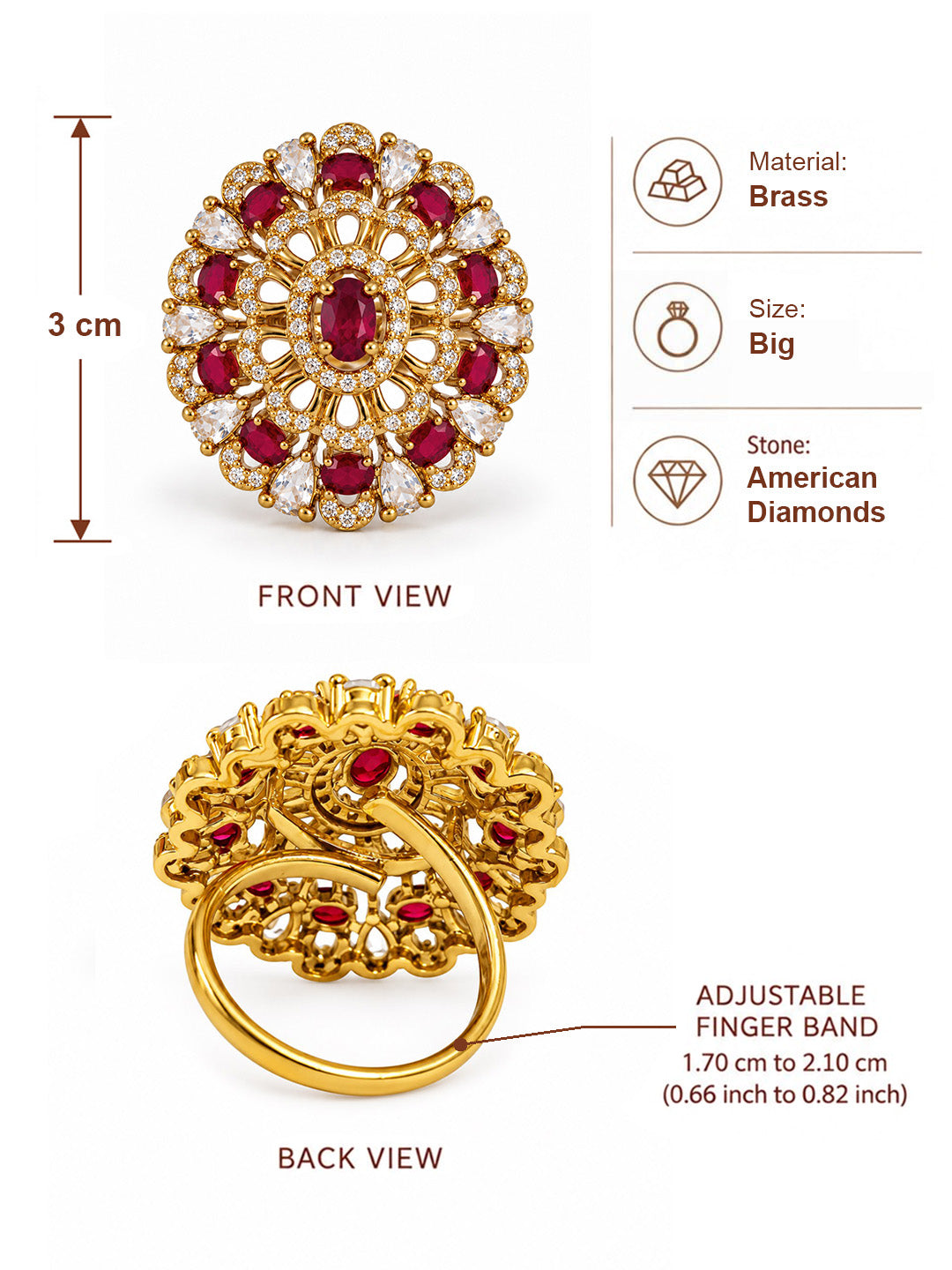 Red Stone Ornate Floral Cluster Ring - Gold Plated, additional view 6