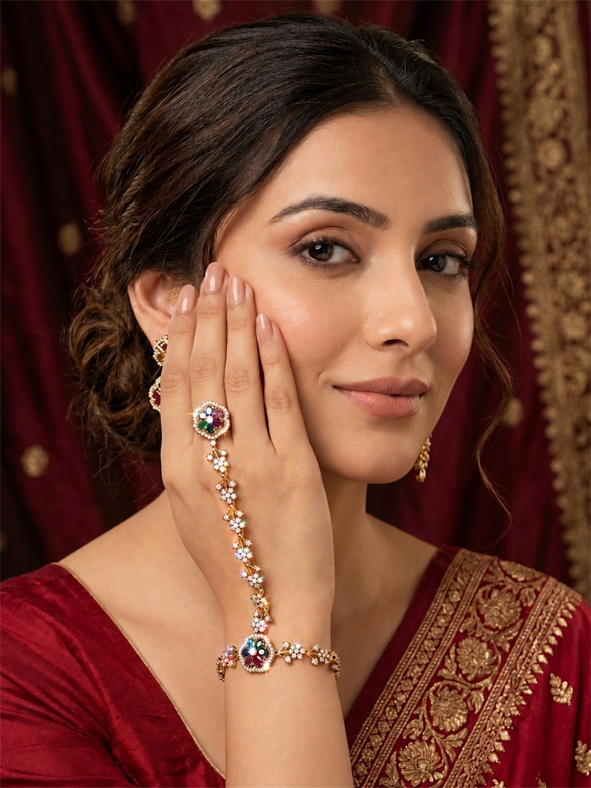 Multicolor Floral Marquise-Stone Chain Hathphool - Mehndi Plated