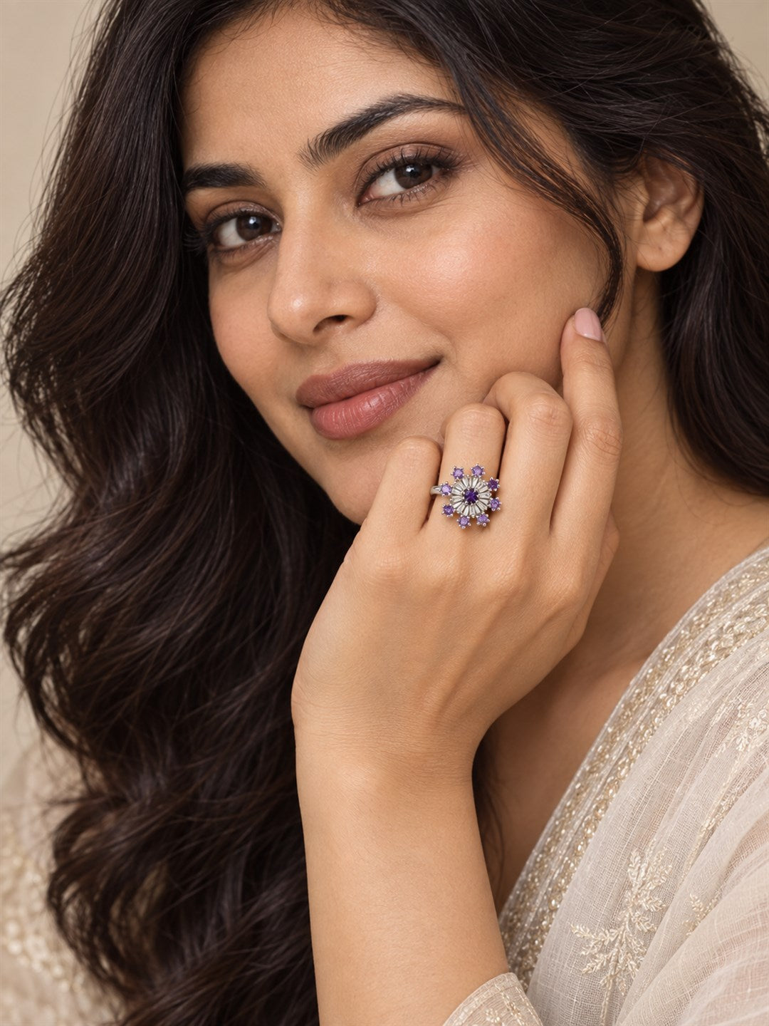Lavender Floral Starburst Ring - Silver Plated
