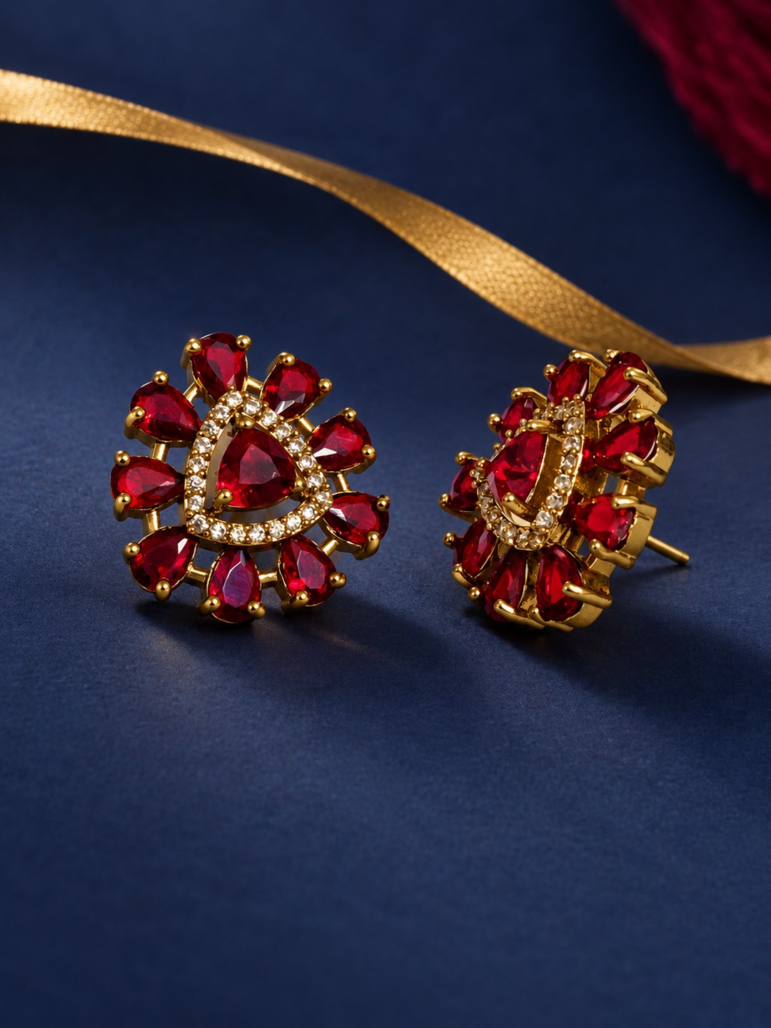 Red Triangle Center Halo Stud Earrings - Gold Plated
