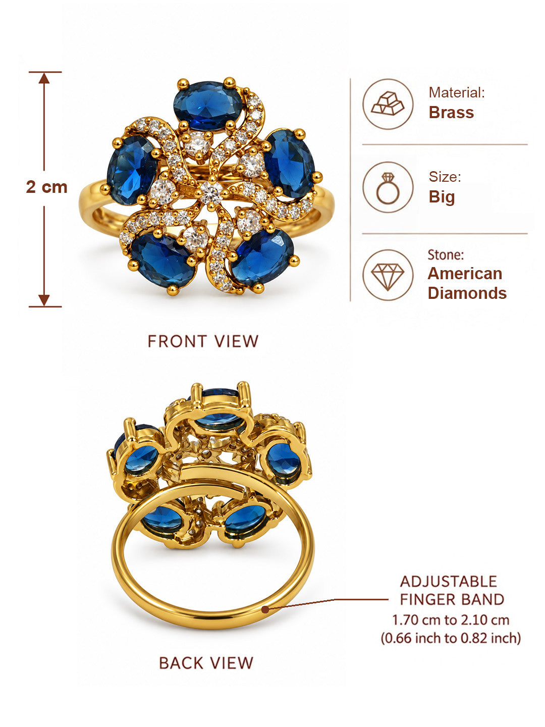 Blue Stone Five Petal Swirl Ring - Gold Plated, additional view 6