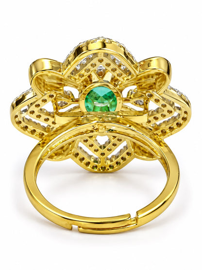 Sea Green Center Stone Four-Petal Floral Ring - Gold Plated