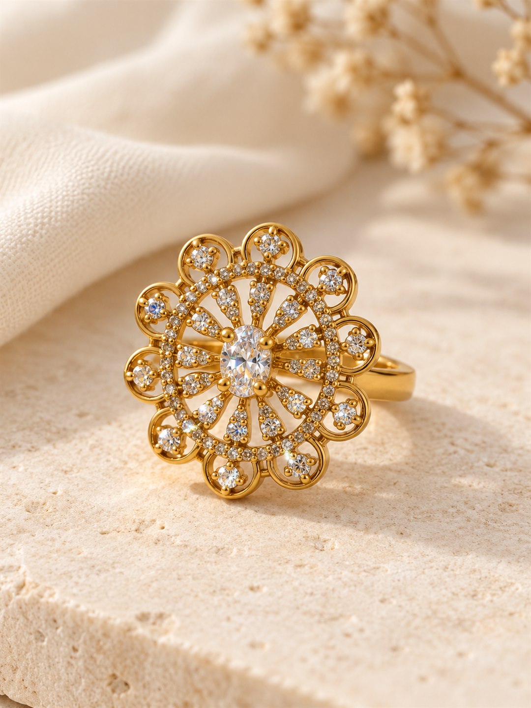 Clear Stone Scalloped Floral Ring - Gold Plated, additional view 3