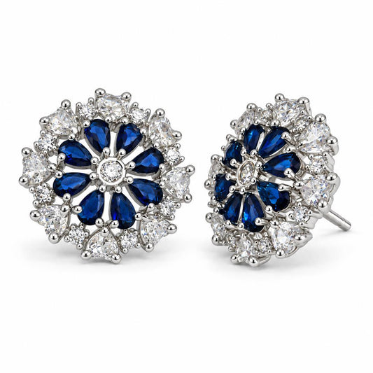 Blue heart-petal flower silver-plated stud earrings