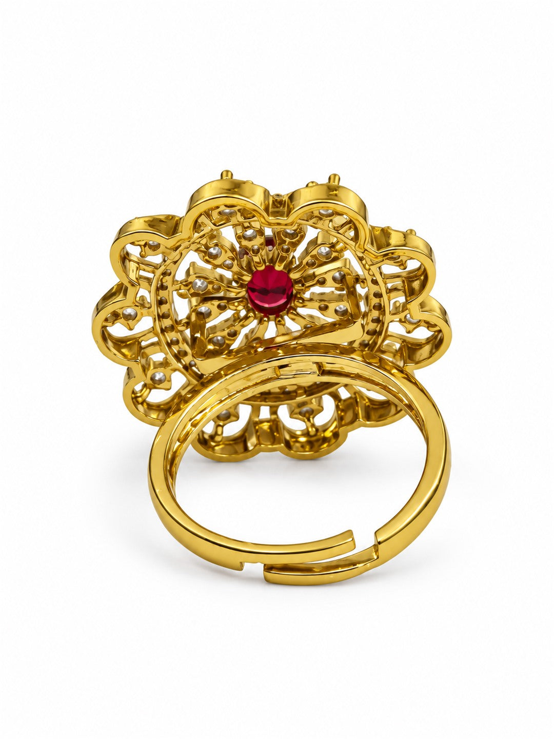 Red Stone Scalloped Sunburst Ring - Gold Plated, additional view 5