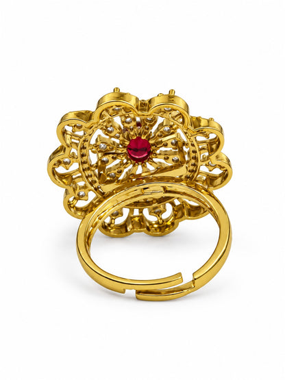 Red Stone Scalloped Sunburst Ring - Gold Plated, additional view 5
