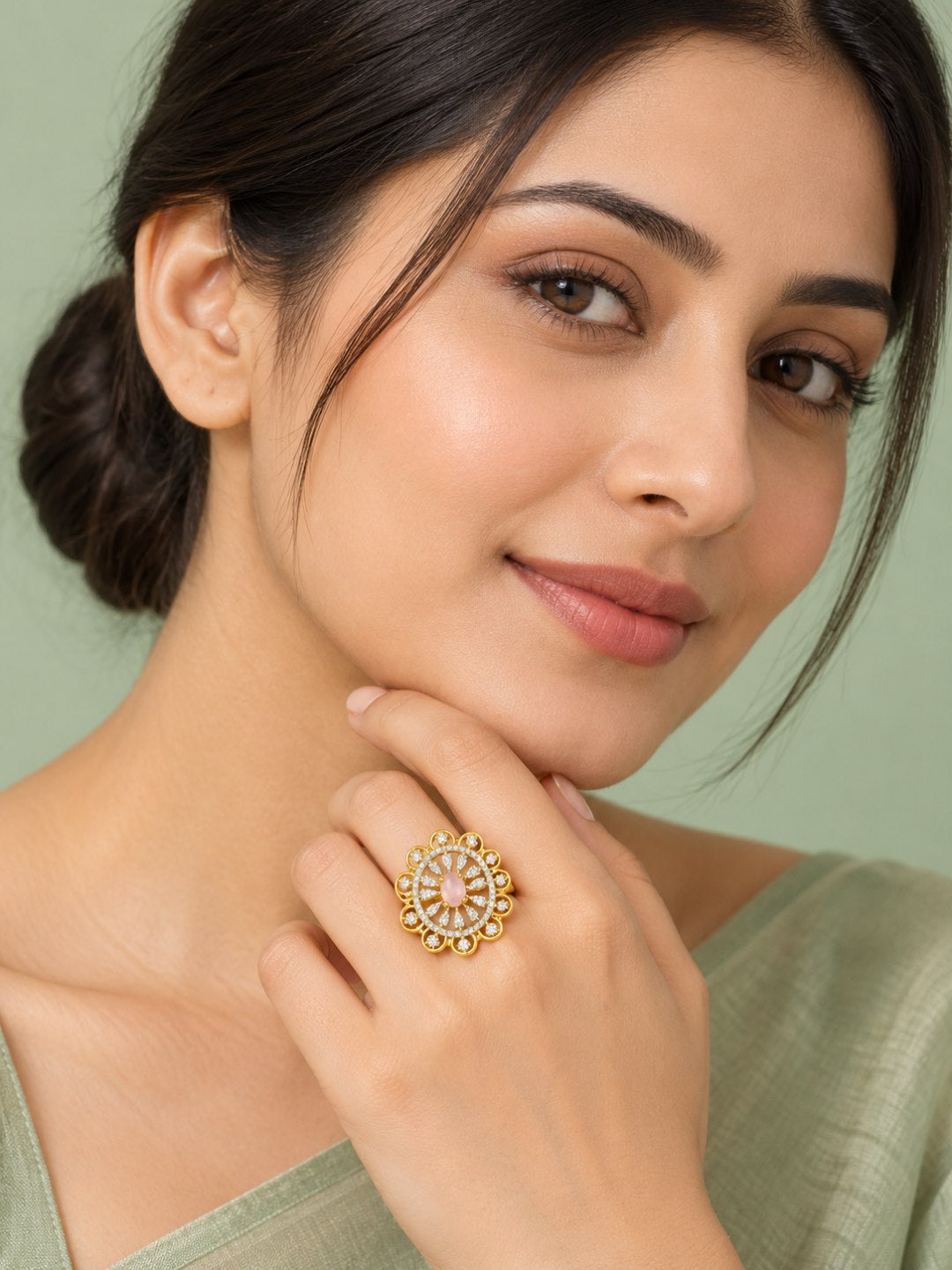 Pink Center Stone Scalloped Floral Halo Ring - Gold Plated - model close-up