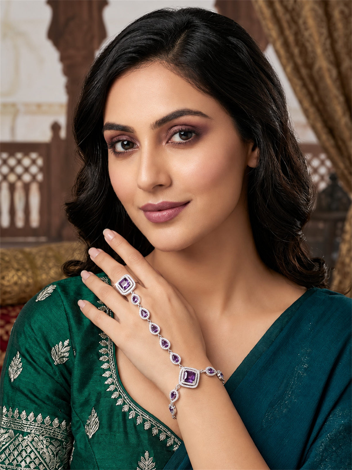Purple silver-plated square halo and teardrop hathphool