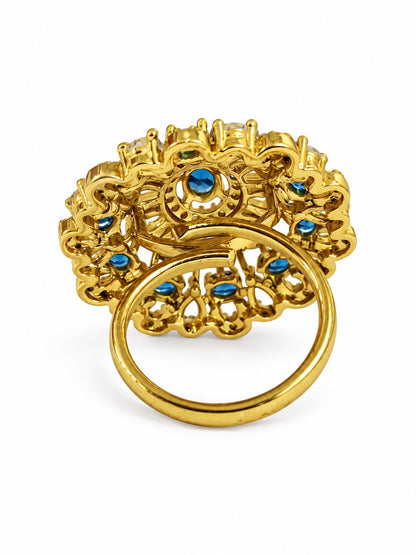 Blue Stone Ornate Floral Cluster Ring - Gold Plated, additional view 5