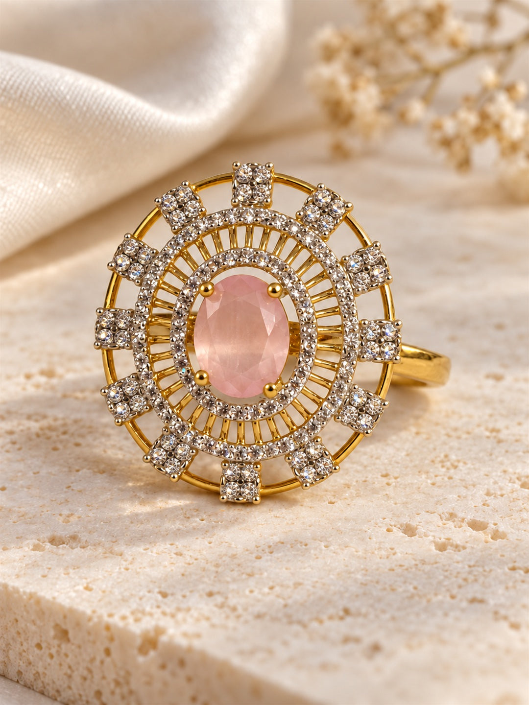 Pink Center Stone Baguette Halo Ring - Gold Plated