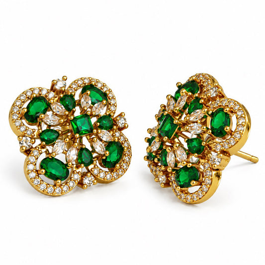 Green Four Petal Oval Stone Stud Earrings - Gold Plated
