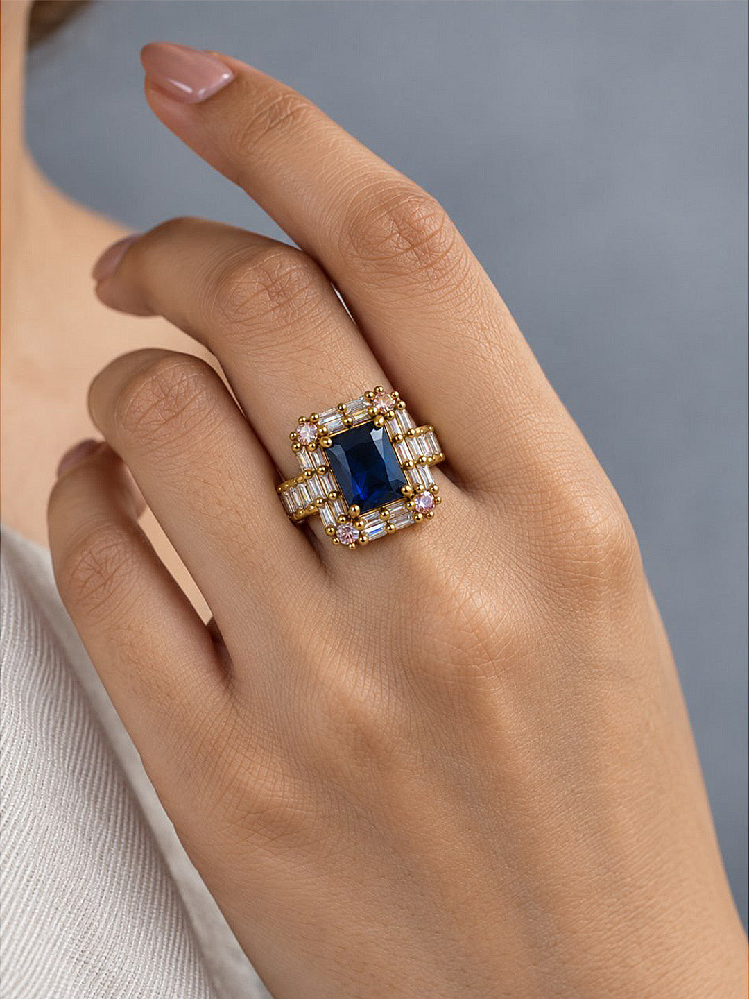 Blue Center Stone Baguette Halo Ring - Gold Plated product image