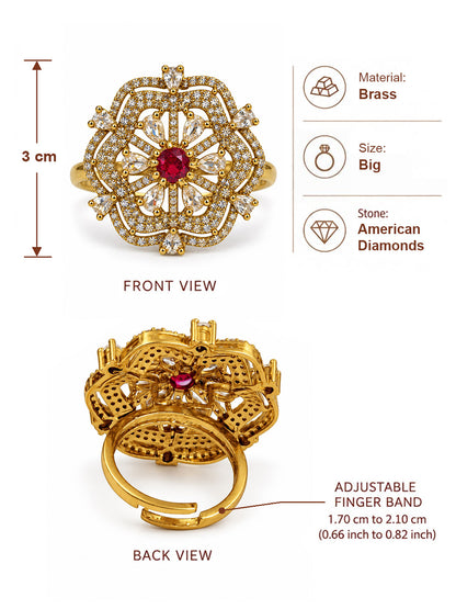 Red Stone Scalloped Floral Halo Ring - Gold Plated, additional view 6