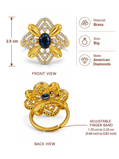 Blue Center Stone Four-Petal Floral Ring - Gold Plated