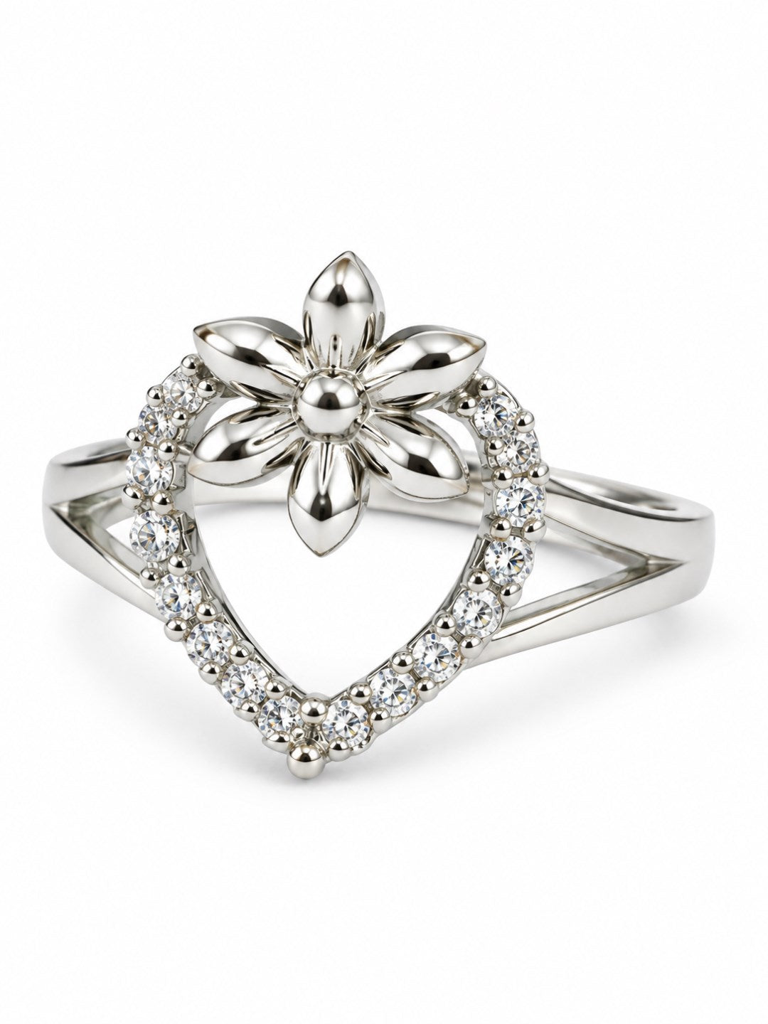 Clear Heart and Flower Ring - Silver Plated