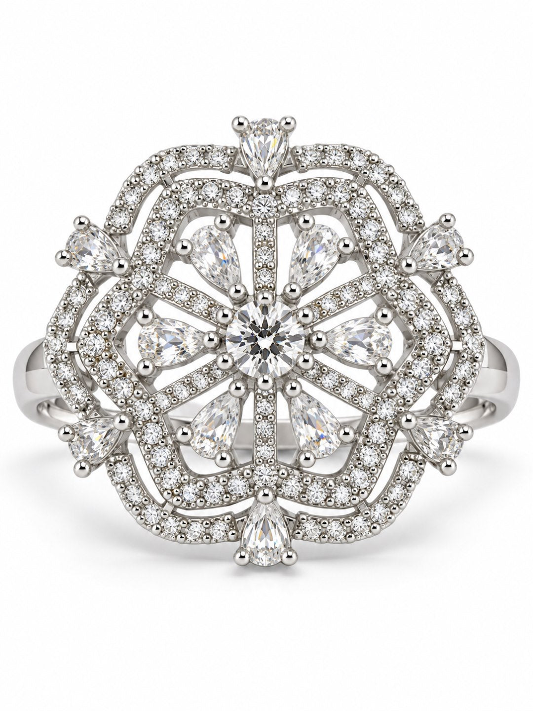 Clear Round Center Geometric Flower Ring - Silver Plated - alternate view