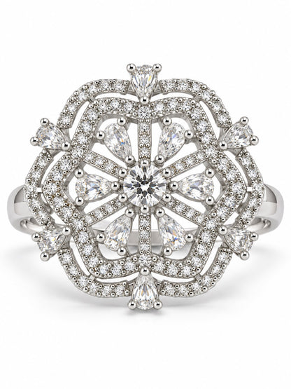 Clear Round Center Geometric Flower Ring - Silver Plated - alternate view