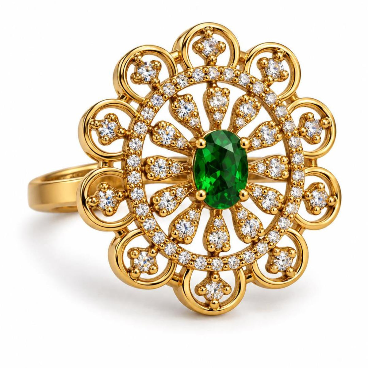 Green Stone Scalloped Sunburst Ring - Gold Plated, product view