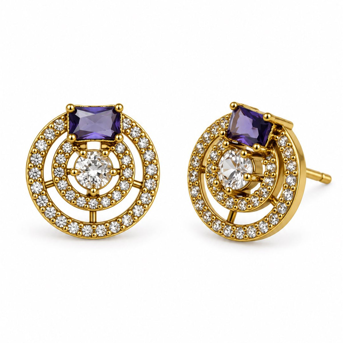 Purple Stone Double Halo Stud Earrings, gold plated